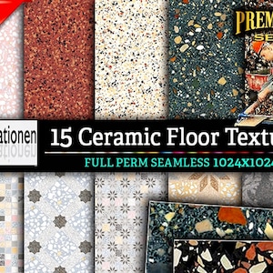 Puede incluir: Un conjunto de 15 texturas de suelo de cerámica sin costuras en varios colores y patrones, incluyendo terrazo, geométrico y diseños florales. Las texturas son de 1024x1024 píxeles y son perfectas para usar en modelado 3D, desarrollo de juegos y otros proyectos creativos. La imagen también incluye el texto "KimKreationen" y "15 Ceramic Floor Textures".