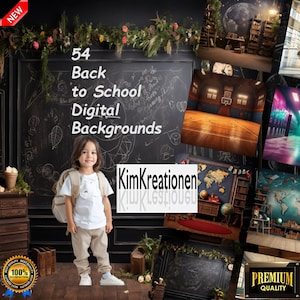 Könnte beinhalten: Eine Collage aus 54 digitalen Hintergrundbildern zum Thema Schulbeginn. Die Hintergründe umfassen einen Basketballplatz, eine Bibliothek, ein Klassenzimmer und einen Flur. Der Text "54 Back to School Digital Backgrounds" ist auf einer Tafel geschrieben.