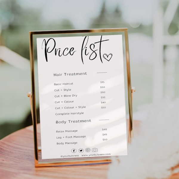 Price List Template, Small Business Price List, Editable Price Sheet, Pricing List Instagram Story, Salon Price List, Download, Minimal