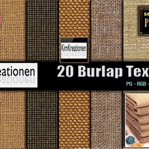 Könnte beinhalten: Eine Sammlung von 20 digitalen Jute-Texturen in verschiedenen Brauntönen, Beige- und Tan-Farben. Die Texturen sind nahtlos und von hoher Qualität und messen 1024 x 1024 Pixel. Das Bild enthält den Text "KimKreationen 20 Burlap Textures PG-RGB-1024 x 1024 Px".