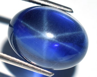 May include: A deep blue star sapphire gemstone with a six-pointed star pattern.