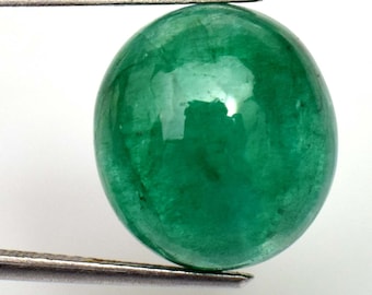 Pode incluir: Uma gema de esmeralda redonda e verde com uma superfície lisa e polida. A gema é mantida no lugar por uma pinça.