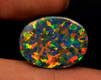 Multi Fire Lab Black Opal Doublet Opal 17.80 Ct Oval Cabochon For Jewelry Making