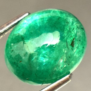 Pode incluir: Uma gema de esmeralda verde vibrante, cortada em forma oval, com uma superf&iacute;cie lisa e polida. A pedra tem uma ligeira inclus&atilde;o, vis&iacute;vel como uma linha escura que atravessa o centro.