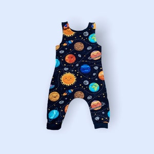 Cute Planets Space Dungarees - Handmade Baby and Toddler Romper. Ready to Ship.