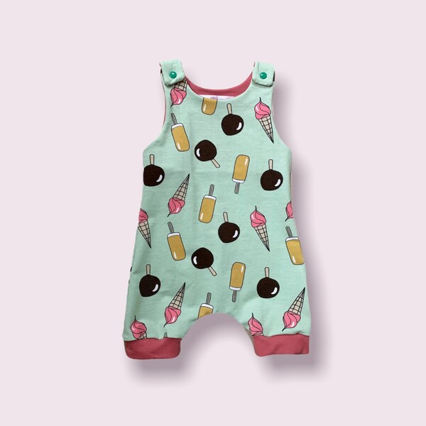 Ice Cream Romper, Handmade Kids Summer Dungarees, Ready to Ship Baby Overalls.