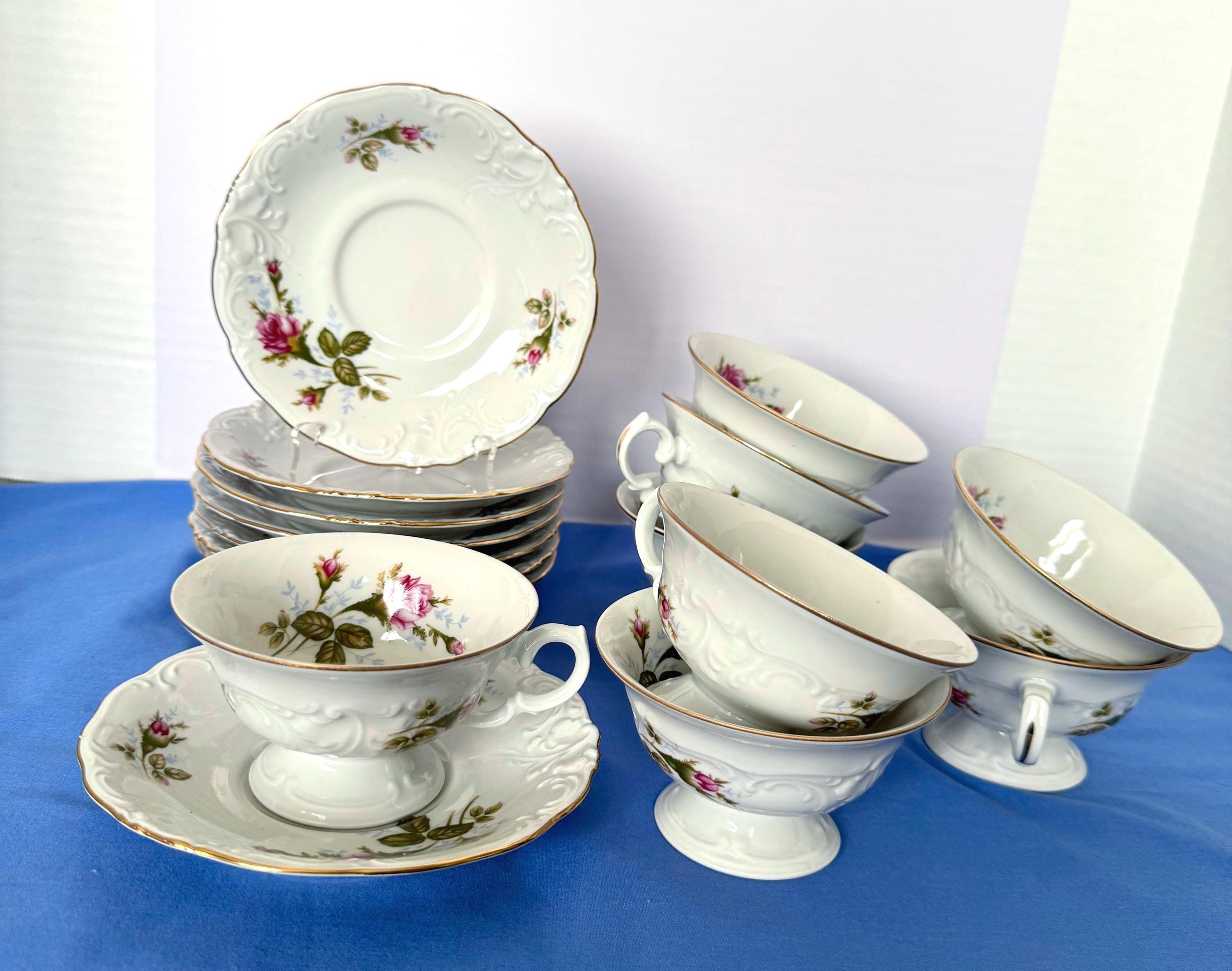 Vintage Teacups and Saucers, Wawel Made in Poland Moss Rose
