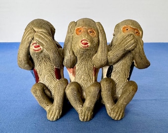 Vintage 3 Wise Monkeys “See No Evil, Hear No Evil, Speak No Evil” Clay Figurine