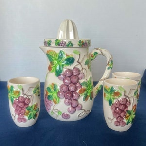 Vintage Juice Pitcher With Reamer and Cups Ceramic