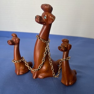 Poodle Figurines Faux Wood/Mother and Pups With Jewel Eyes.