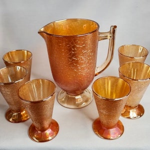 Vintage Jeanette Crackel Water Set Pitcher and 6 Tumblers