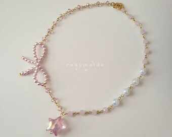 Aurelia Necklace |  handmade beaded coquette pink ribbon pearl jewelry