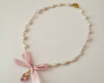 Alyssa Necklace |  handmade beaded coquette pink ribbon pearl jewelry