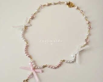 Angelina Necklace |  handmade beaded coquette pink ribbon pearl jewelry