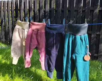 Muslin pants, summer pants made of organic cotton muslin, ready to ship in different colors and sizes.