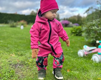 Pink softshell overalls with peonies, softshell overalls with flowers, girls softshell overalls, softshell overalls, overalls, autumn