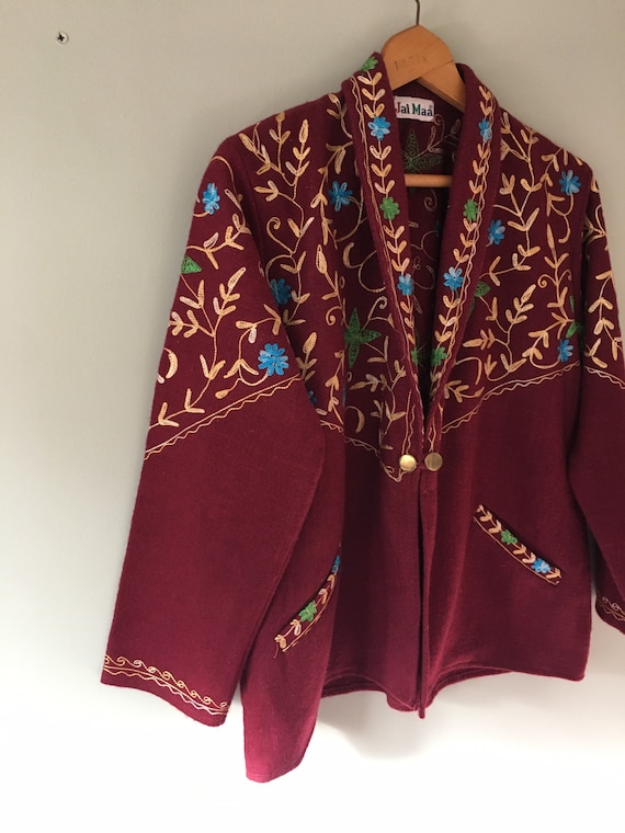Burgundy wool folk style embroidered jacket
