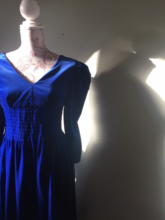Vintage 80s blue velvet prairie style midi dress w