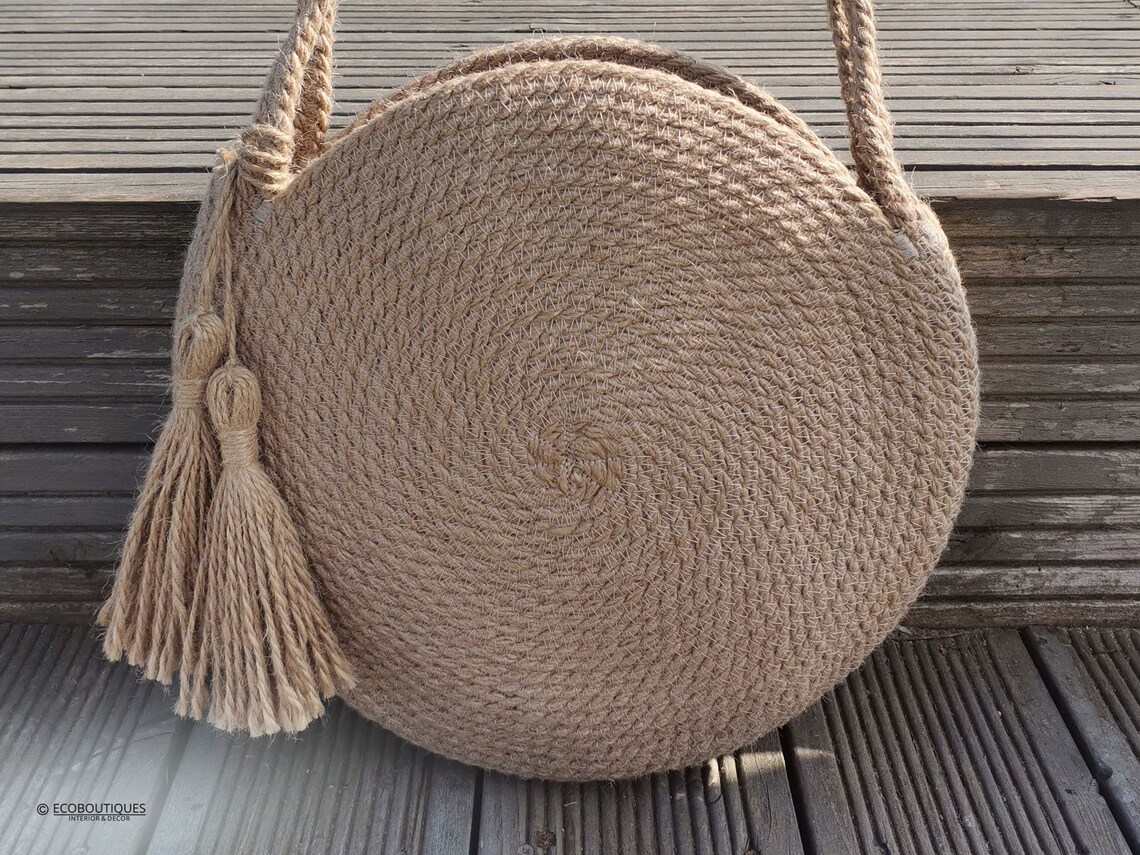 Jute Round Bag Tote Shopping Custom Casual Bag Vegan Boho Etsy
