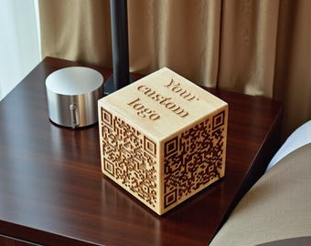 Custom Wooden QR Code Cube Sign, Personalized Tabletop Business Logo Block