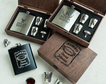Personalized Whiskey Flask Set, Groomsman Gift, Custom Engraved Flask in Wooden Box for Groomsmen, Best Man Gift