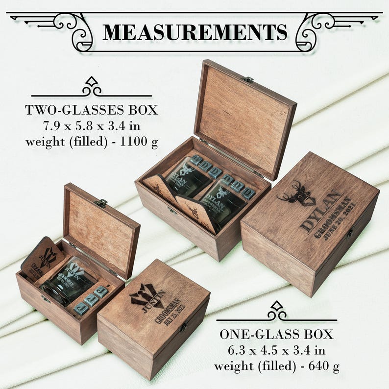 May include: Wooden gift boxes with engraved text and designs. The two-glass box measures 20 x 14.7 x 8.6 cm and weighs 1100 g when filled. The one-glass box measures 16 x 11.4 x 8.6 cm and weighs 640 g when filled.