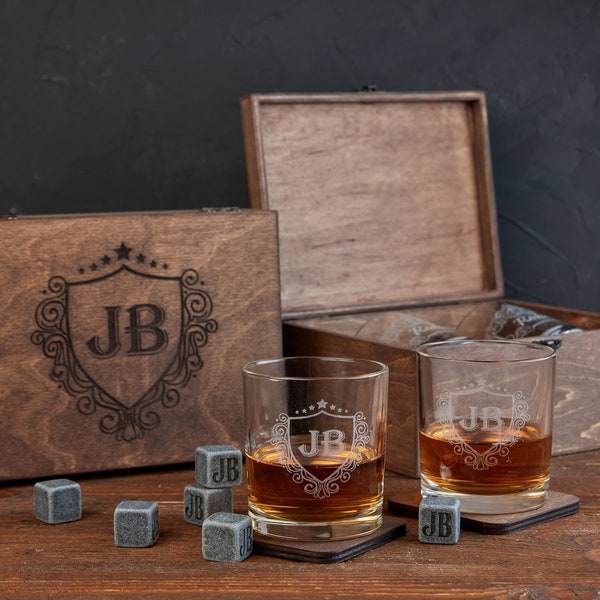 Whisky-Liebhaber Geschenk, Whiskyglas und Stein-Set, personalisiertes Geburtstagsgeschenk für Ehemann, Geburtstagsgeschenk mit gravierter Box, Geschenk für ihn