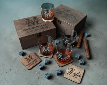 Engraved Script Whiskey Glass Set with Personalized Wooden Box and Chilling Stones
