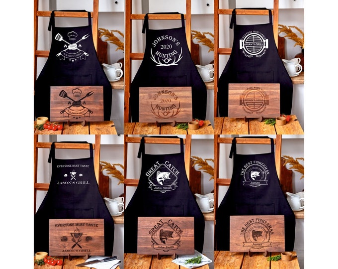 Grill Apron for Man with Engraved Grilling Board Personalized with Name, Master Grill Gift for Him, Personalized Husband Gift from Wife