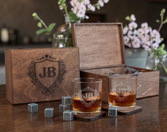 Monogram Crest Whiskey Glass Set with Custom Walnut Wood Box