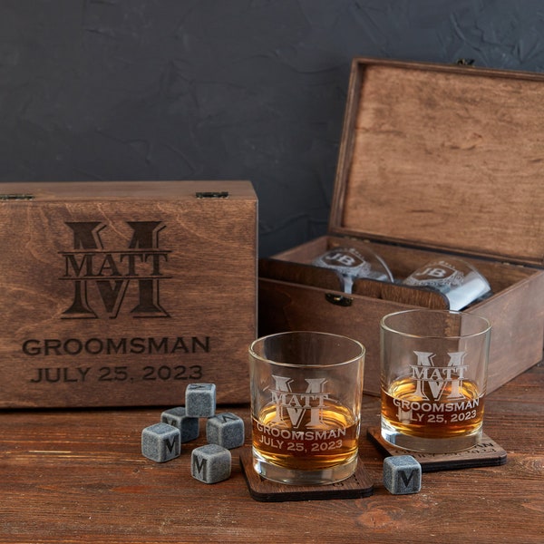 Groomsmen Gifts, Personalized Whiskey Glasses in Wooden Box, Groomsmen Proposal Box, Groomsman Gift Box, Best Man Gift