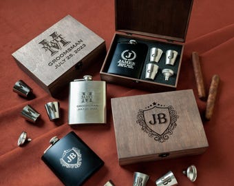 Personalized Groomsmen Flask Gift Set | Custom Engraved Wooden Box with Black Flask