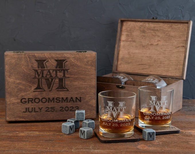 Whiskey Stones Box Whiskey Glass Set with Chilling Stones Personalized Whiskey Stones with Initials and Engraved Whiskey Glass Set Gift Box