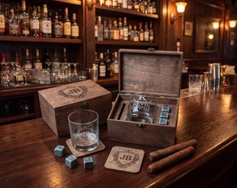 Engraved Whiskey Glasses, Wooden Box & Decorative Coasters – Wedding Groomsmen Gift, Personalized Groom Gift Set