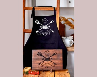 Personalized Chef Apron and Engraved Board for Chef Cook Gift, Custom Cooking Gift for Men, Kitchen Embroidered Apron with Name for Men