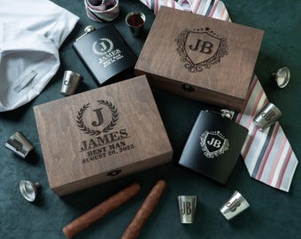 Personalized Wood Groomsmen Gift Box Set with Engraved Black Flask and Shot Glasses