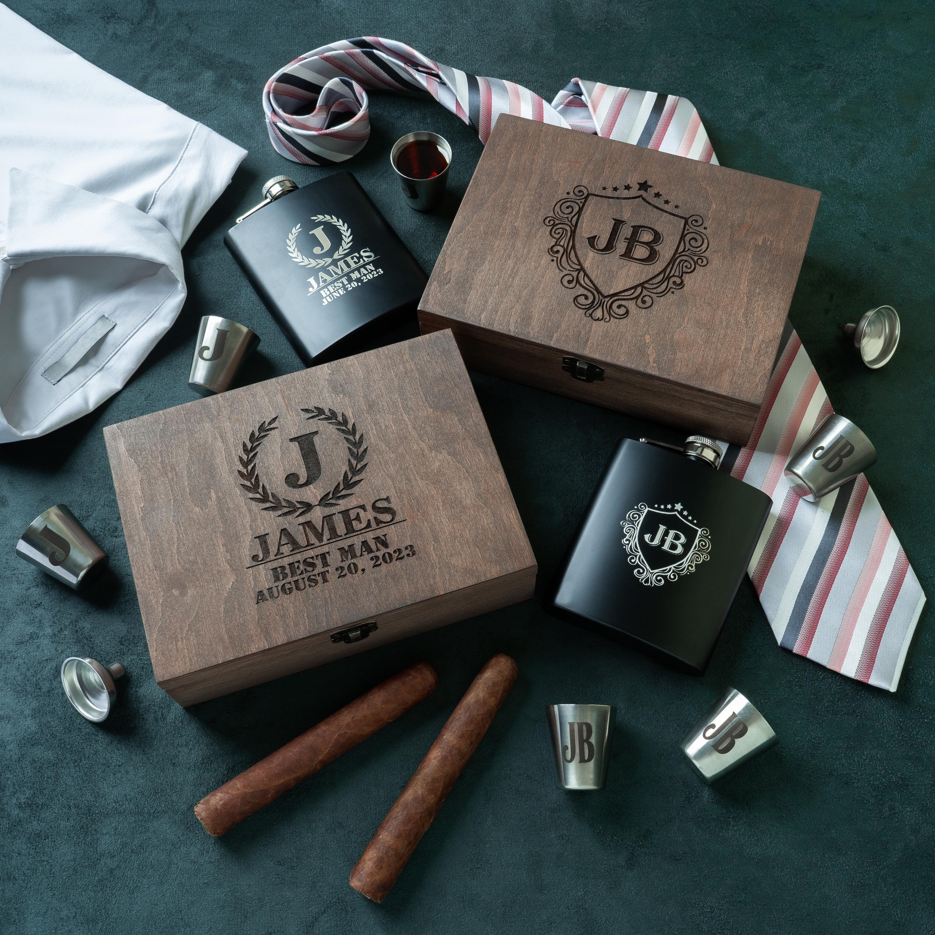 Petaca personalizada grabada en caja, petaca con logotipo, petacas para padrinos de boda
