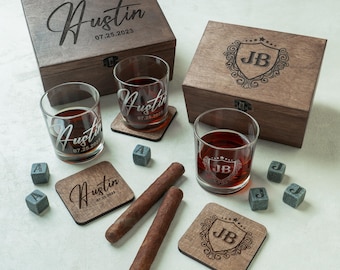 Custom Engraved Whiskey Glasses Set in Personalized Whiskey Box - Perfect Man of Honor Proposal Gift, Groomsmen Gifts, Wedding Party Favors