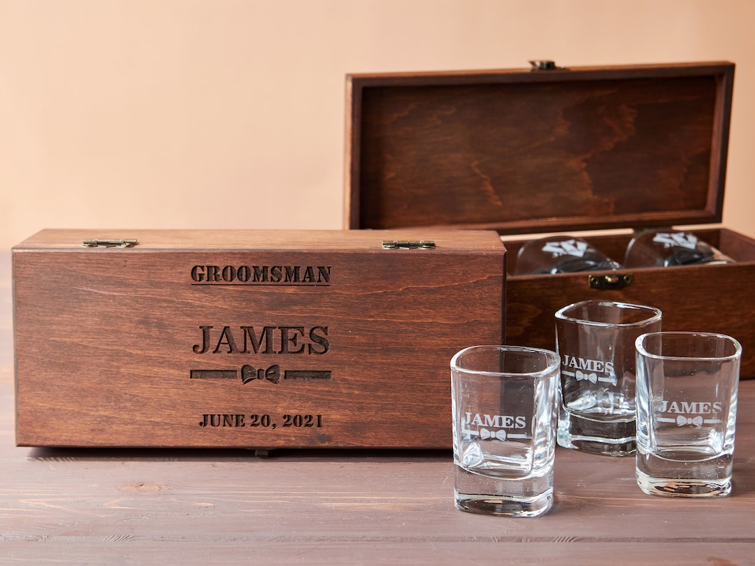 Personalized Shot Glasses for Groomsmen in Engraved Wooden Gift Box