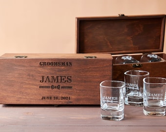 Personalized Shot Glasses for Groomsmen In Engraved Wooden Gift Box, Groomsman Alcohol Gift Box, Best Man Gift