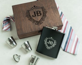 Monogrammed Flask Set with Wood Box, Personalized Groomsmen Gift for Men
