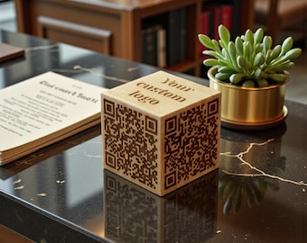 Personalized Wood QR Code Block for Business Reviews, Engraved Tabletop Wifi and Social Media Sign Cube