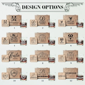 May include: A selection of personalized gift sets, each including a wooden box, a coaster, and a rocks glass. The sets are customized with names, initials, and dates, ideal for groomsmen or special events. The text "DESIGN OPTIONS" is at the top.