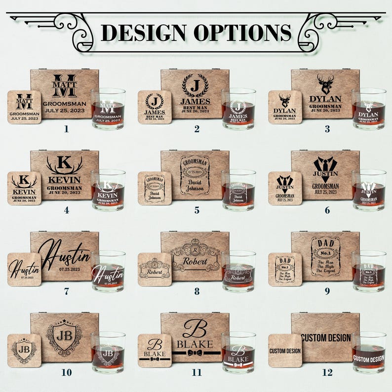May include: A selection of personalized gift sets, each including a wooden box, a coaster, and a rocks glass. The sets are customized with names, initials, and dates, ideal for groomsmen or special events. The text "DESIGN OPTIONS" is at the top.