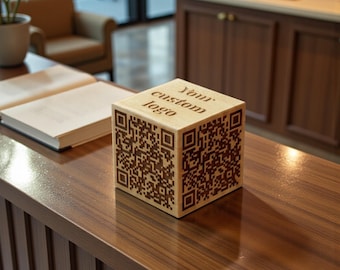 Custom Wooden QR Code Cube with Business Logo | Laser Engraved Social Media Scan Block for Wifi, Website & Contactless Payment