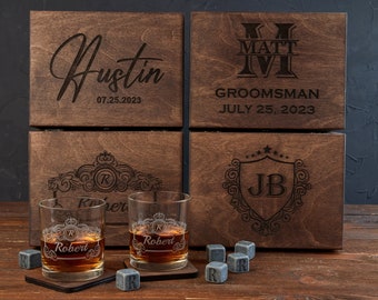 Custom Whiskey Glasses, Bourbon Glasses, Engraved Glasses in Box, Groomsmen Gifts, Whiskey Stones, Whiskey Lover Gift, Groomsman Gift