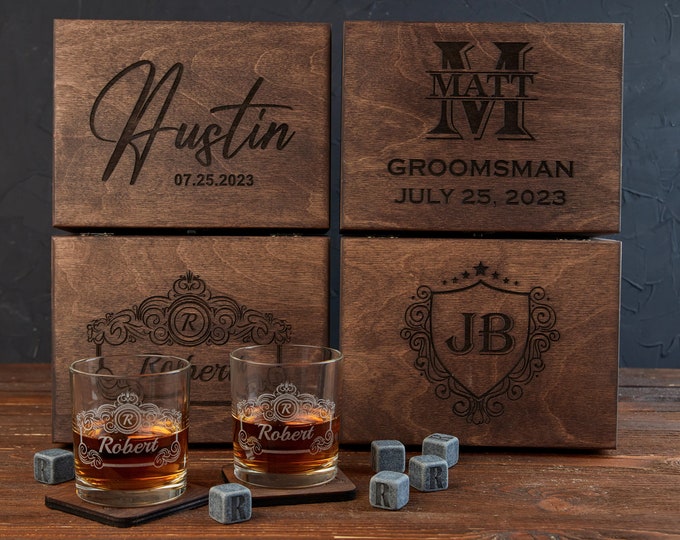 Custom Whiskey Glasses, Whiskey Set with Box, Groomsmen Gifts, Whiskey Stones, Whiskey Lover Gift, Groomsman Gift, Bourbon Glasses
