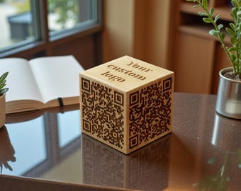Custom Wooden QR Code Cube with Logo - Laser Engraved Menu Block, Social Media Scan to Pay Stand, Multi-Link Business Tabletop Display