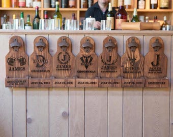 Personalized Wood Bottle Opener with Cap Catcher for Groomsmen