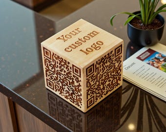 Custom Wooden QR Code Sign, Engraved Restaurant Table Menu and Business Logo Display Cube